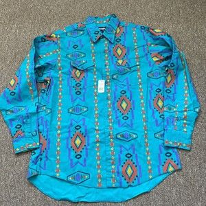 Wrangler Aztec Southwest Vintage Long Sleeve Cowboy Cut Aqua Shirt Size 17.5x36